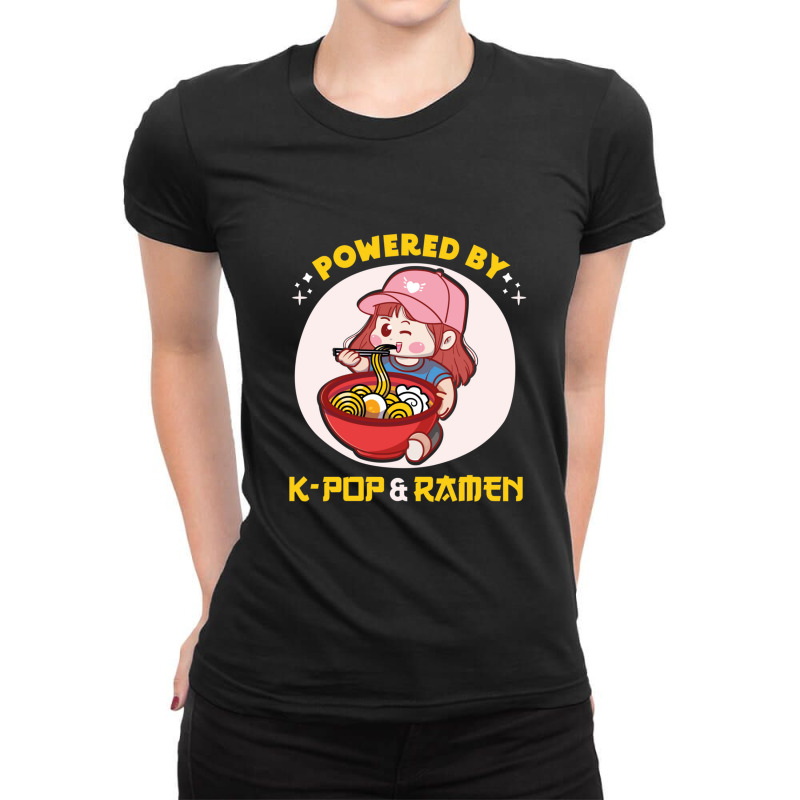 Powered By K Pop And Ramen Japanese Noodles Korean Kpop Novely Ladies Fitted T-Shirt by cm-arts | Artistshot