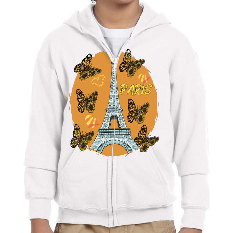 Love Paris Hearts Eiffel Tower Butterfly France Love French Long Sleev Youth Zipper Hoodie by cm-arts | Artistshot