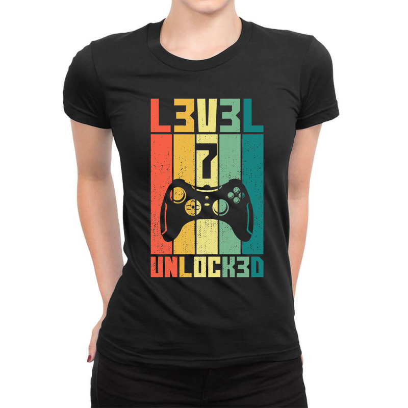 Level 7 Unlocked Vintage Gamer 7th Birthday Gift Ladies Fitted T-Shirt by KEITHSHAPIRO | Artistshot