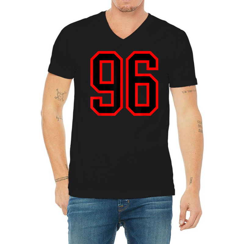 Jersey Number #96 Red Black Sports Birthday Lucky Number 96 V-Neck Tee by Queens | Artistshot