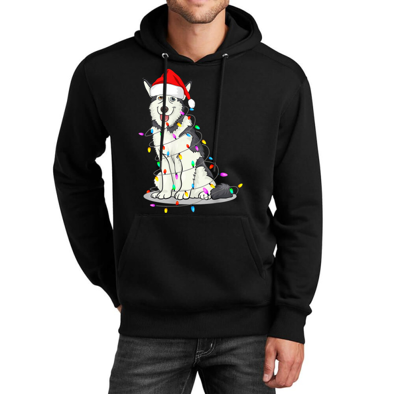 Santa Siberian Husky Christmas Hat Lights Xmas Dog Lover Unisex Hoodie by Renew | Artistshot