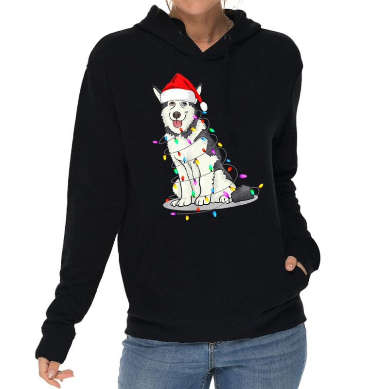 Santa Siberian Husky Christmas Hat Lights Xmas Dog Lover Lightweight Hoodie by Renew | Artistshot