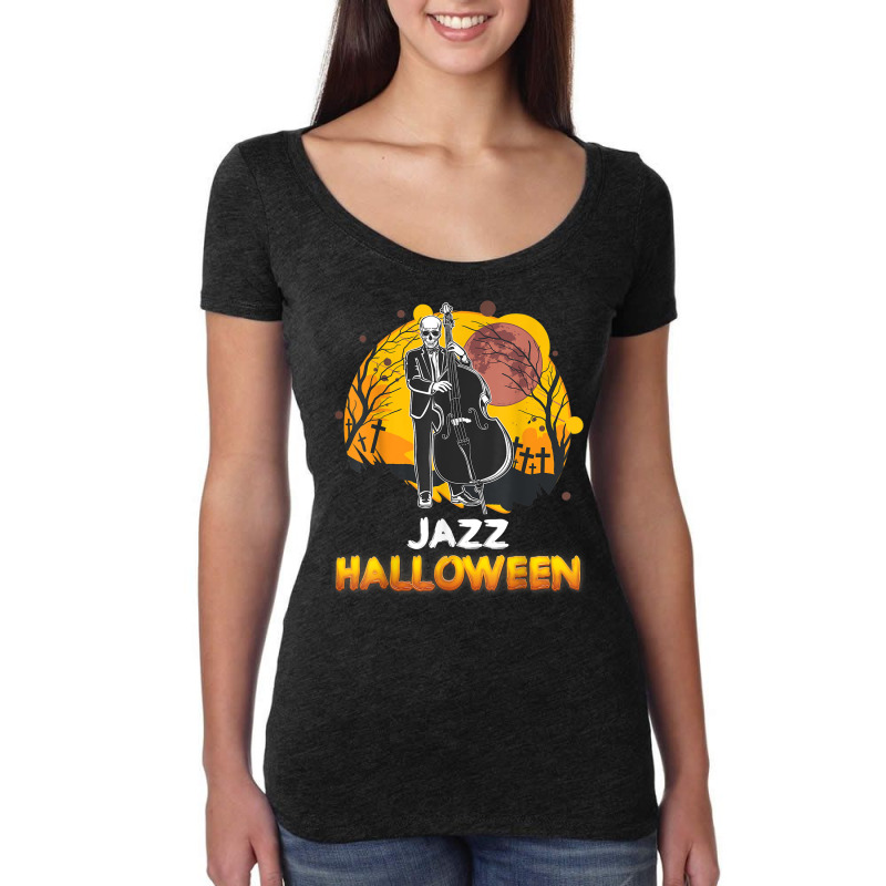 Jazz Halloween Musician Skeleton Contrabass Cello Pumpkin Women's Triblend Scoop T-shirt by Sombre | Artistshot