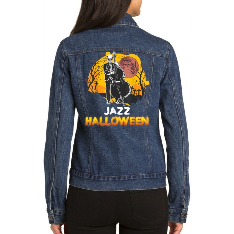 Jazz Halloween Musician Skeleton Contrabass Cello Pumpkin Ladies Denim Jacket by Sombre | Artistshot