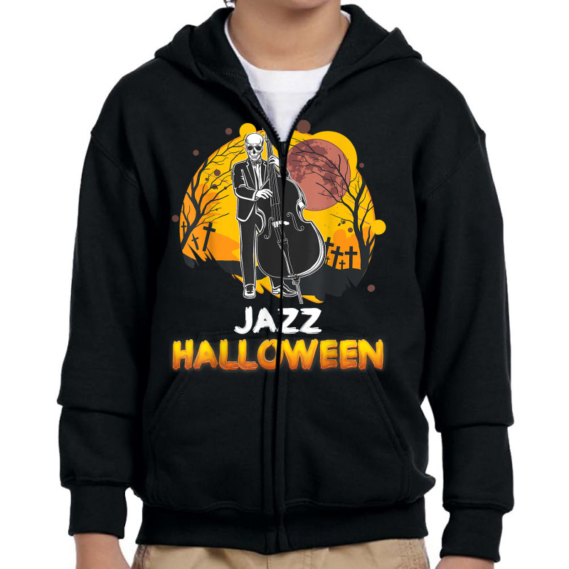 Jazz Halloween Musician Skeleton Contrabass Cello Pumpkin Youth Zipper Hoodie by Sombre | Artistshot