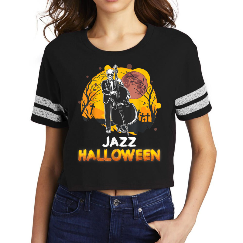 Jazz Halloween Musician Skeleton Contrabass Cello Pumpkin Scorecard Crop Tee by Sombre | Artistshot