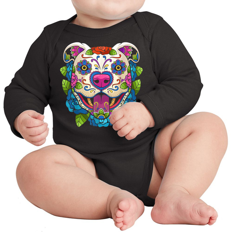 Pit Bull Sugar Skull Mexico Dog Calavera Dia De Los Muertos T Shirt Long Sleeve Baby Bodysuit by cm-arts | Artistshot