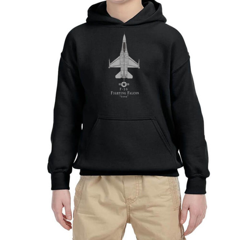 F-16 Fighting Falcon Tech Drawing Military Airplane Youth Hoodie by Whitfield Wolff | Artistshot