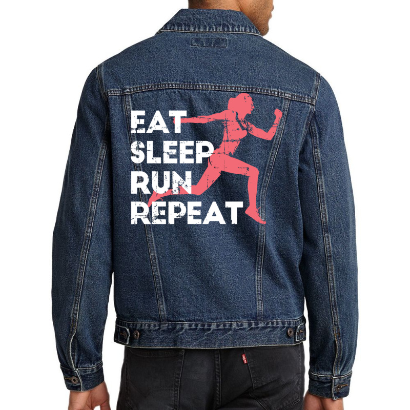 Eat Sleep Run Repeat Track And Field Girl Marathon Running Pullover Ho Men Denim Jacket by cm-arts | Artistshot