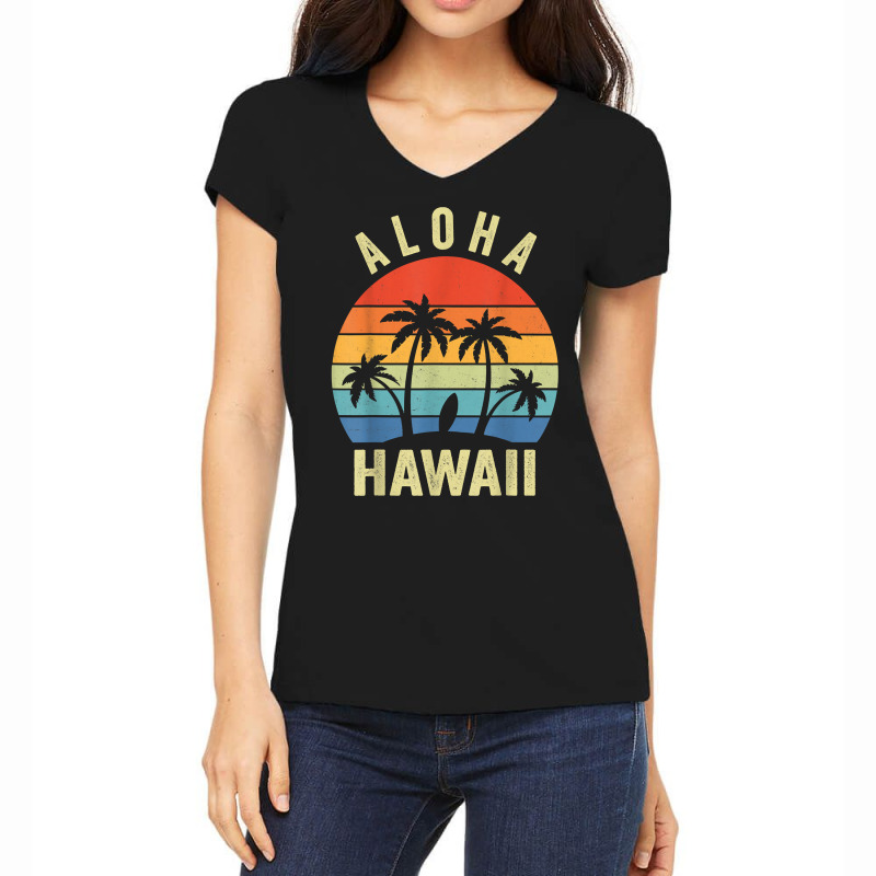 Aloha Hawaii Hawaiian Island Shirt Palm Beach Surfboard Surf T Shirt Women's V-Neck T-Shirt by cm-arts | Artistshot