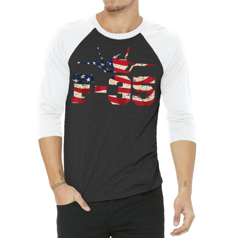 F 35 Lightning Ii Fighter Jet Distressed Usa Flag Overlay T Shirt 3/4 Sleeve Shirt by cm-arts | Artistshot