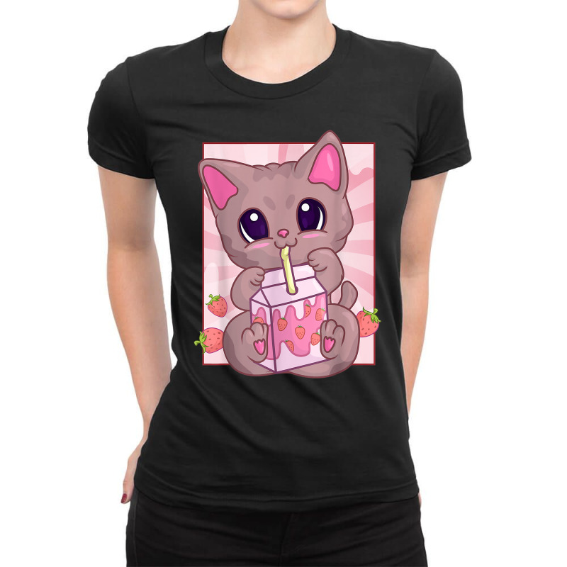 Strawberry Milkshake Cat For Women Girls, Kawaii Maneki Neko T Shirt Ladies Fitted T-Shirt by cm-arts | Artistshot