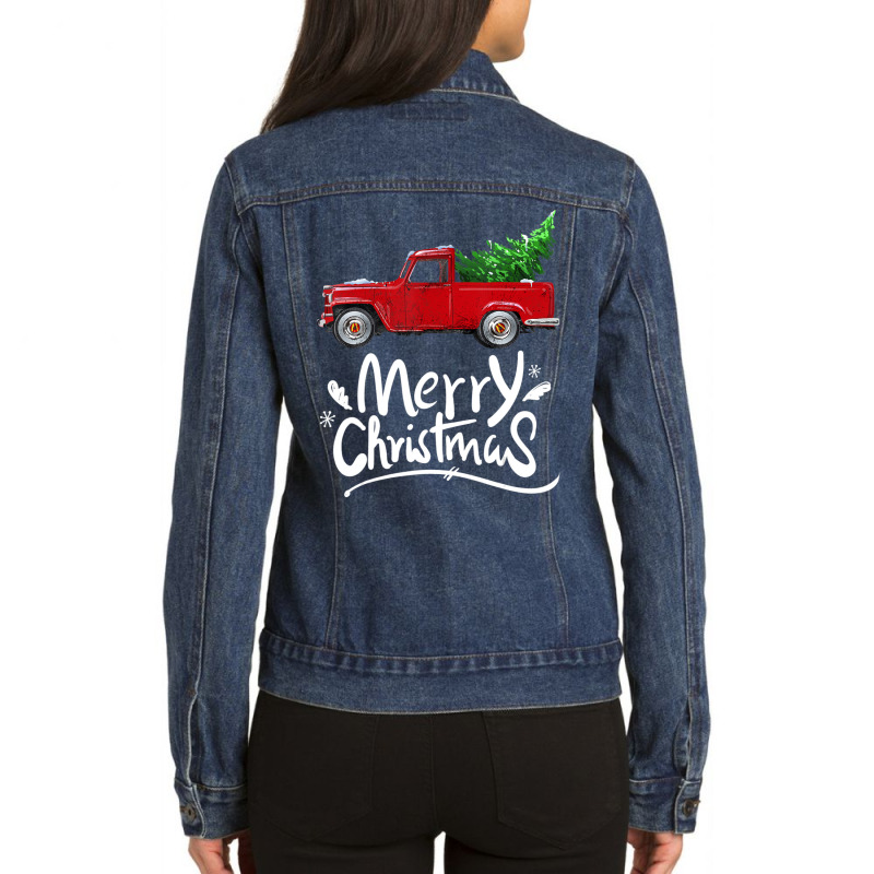 Vintage Wagon Red Truck Christmas Tree Pajama Ladies Denim Jacket by cm-arts | Artistshot