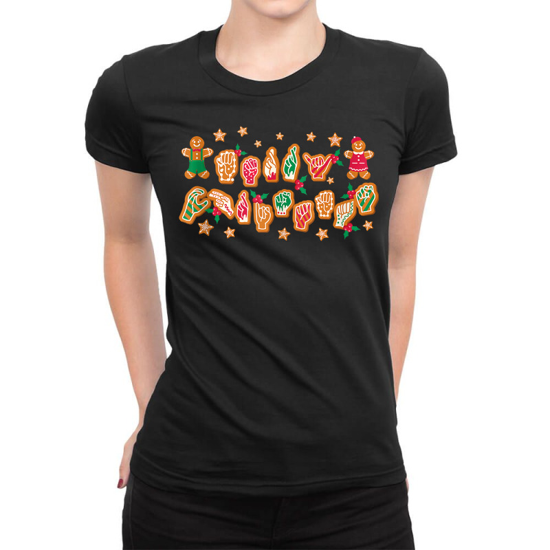 Asl Christmas American Sign Language Gingerbread Hands Deaf Tank Top Ladies Fitted T-Shirt by cm-arts | Artistshot