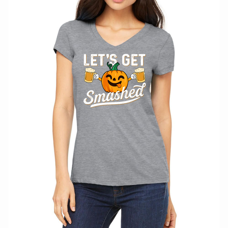 Drinking Pumpkin Lets Get Smashed Beer Lover Halloween Funny Long Slee Women's V-Neck T-Shirt by cipaehuwogi1 | Artistshot