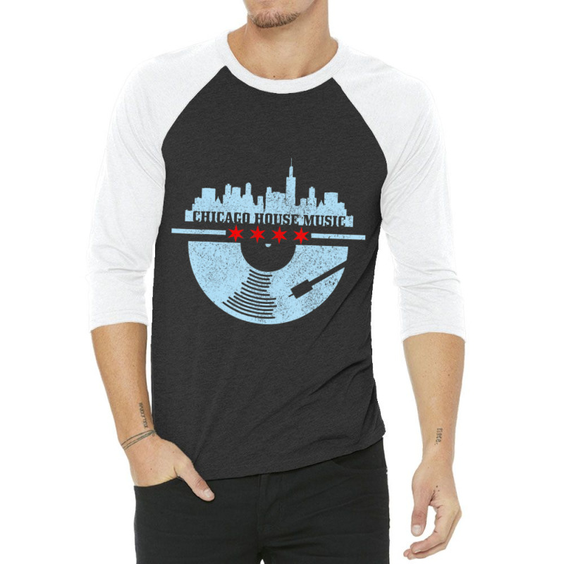 Chicago House Music Vintage Vinyl Dj Raver Flag Skyline 3/4 Sleeve Shirt by Kosdapen517 | Artistshot