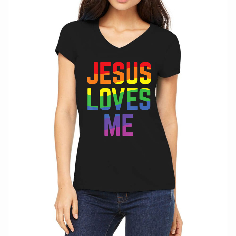 Jesus Loves Me Christian Pride Rainbow Flag Lgbtqia Women's V-Neck T-Shirt by thangdinhsinhelf | Artistshot