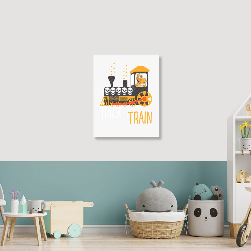 Trick Or Train Halloween Dinosaur Riding Train Funny Kids Premium T Sh Portrait Canvas Print | Artistshot