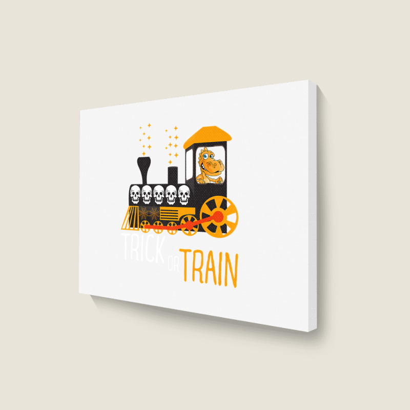 Trick Or Train Halloween Dinosaur Riding Train Funny Kids Premium T Sh Landscape Canvas Print | Artistshot