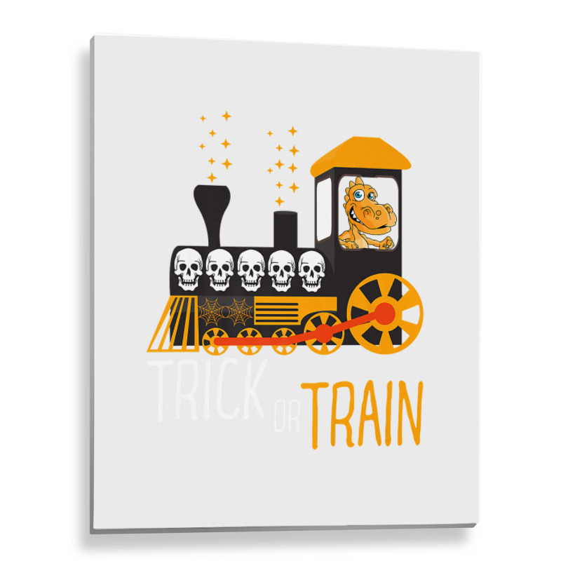 Trick Or Train Halloween Dinosaur Riding Train Funny Kids Premium T Sh Metal Print Vertical | Artistshot