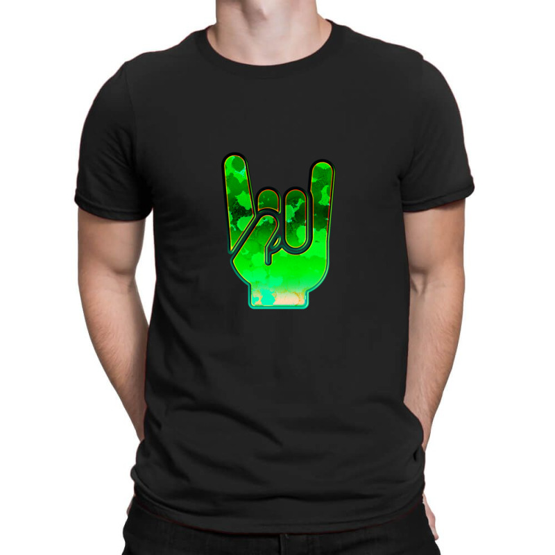 Rock Hand Gesture Space Green Rock N Roll Salute T-Shirt by MickeyRobison | Artistshot