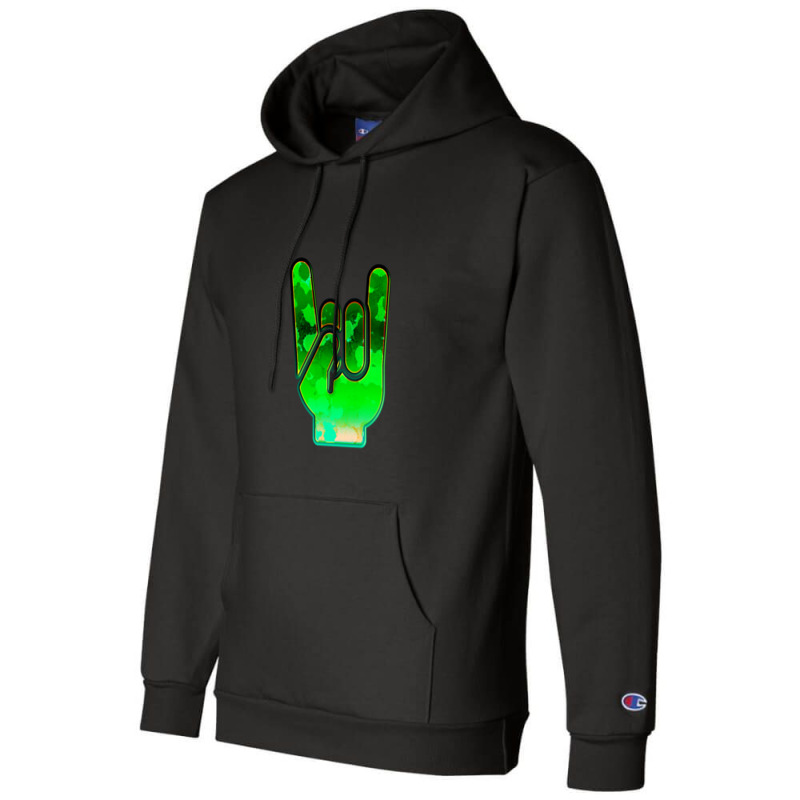 Rock Hand Gesture Space Green Rock N Roll Salute Champion Hoodie by MickeyRobison | Artistshot