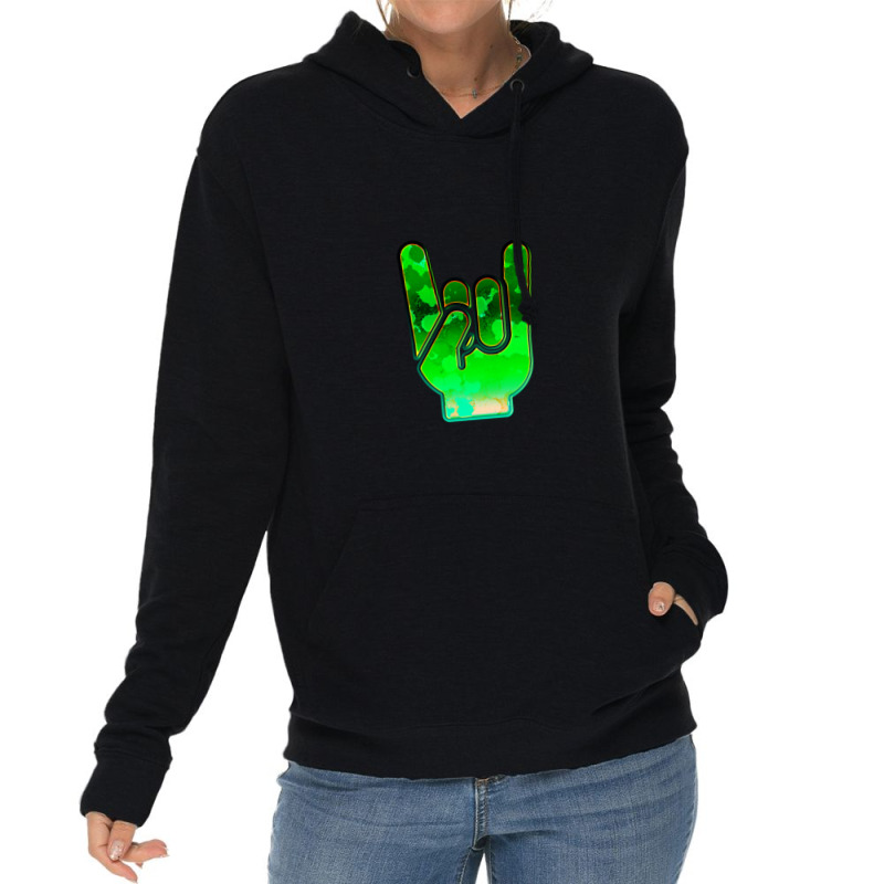 Rock Hand Gesture Space Green Rock N Roll Salute Lightweight Hoodie by RoseannTrujillo | Artistshot