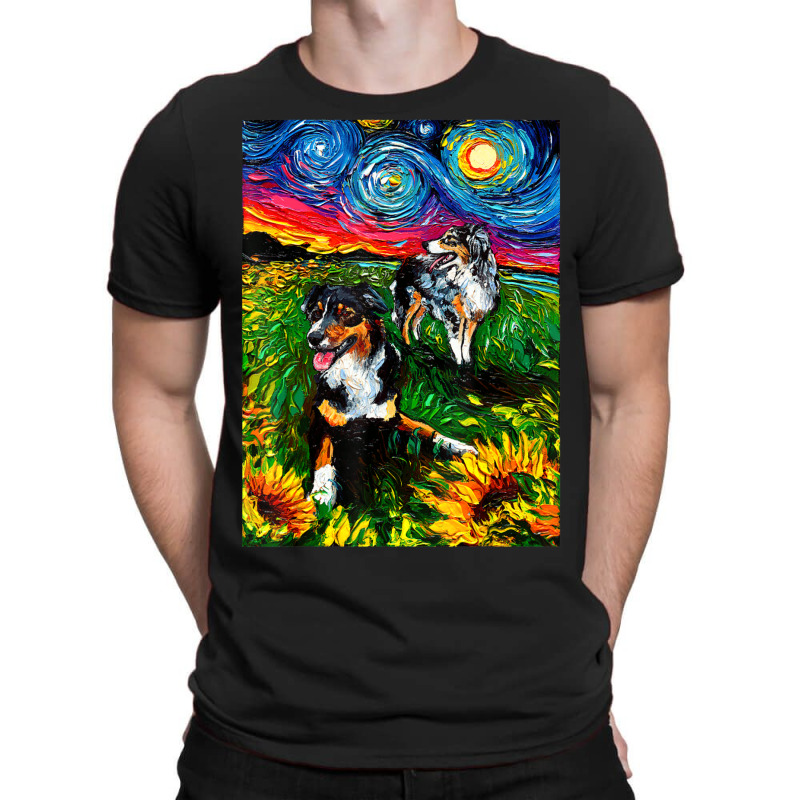 Australian Shepherds And Sunflowers Starry Night Dog By Aja T-Shirt by vucongha | Artistshot