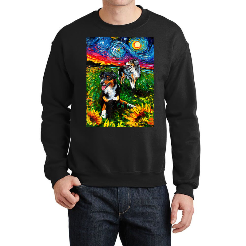 Australian Shepherds And Sunflowers Starry Night Dog By Aja Crewneck Sweatshirt by vucongha | Artistshot