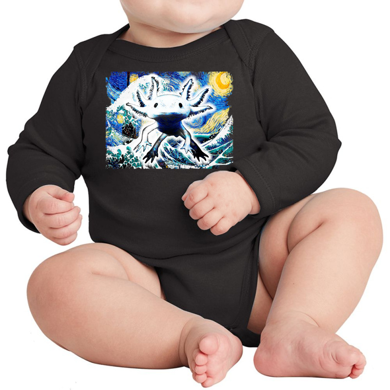 Axolotl And Starry Night Great Wave Van Gogh Art Painting Long Sleeve Baby Bodysuit by vucongha | Artistshot