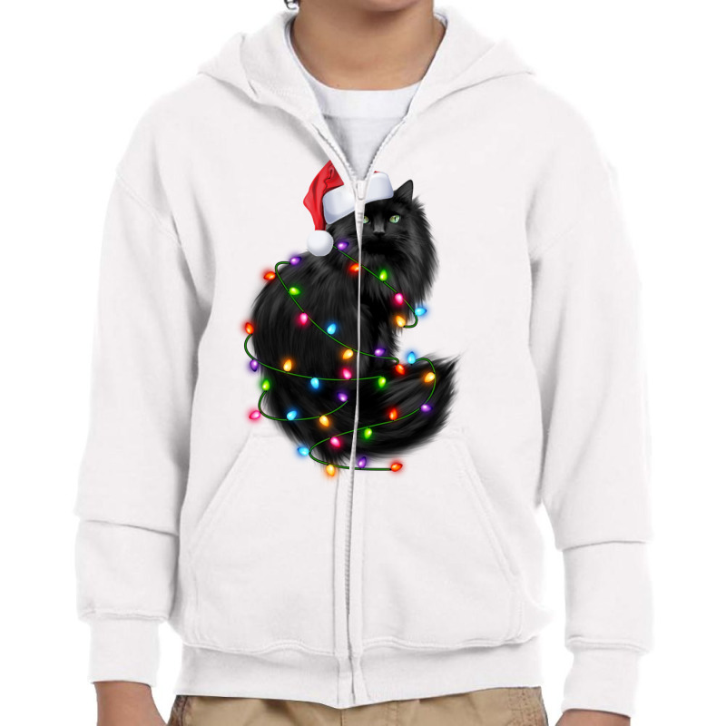 Santa Black Cat Tangled Up In Christmas Tree Lights Holiday Long Sleev Youth Zipper Hoodie by cm-arts | Artistshot