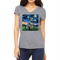 Blue Heeler Starry Night Australian Cattle Dog Art By Aja Women's V-neck T-shirt | Artistshot