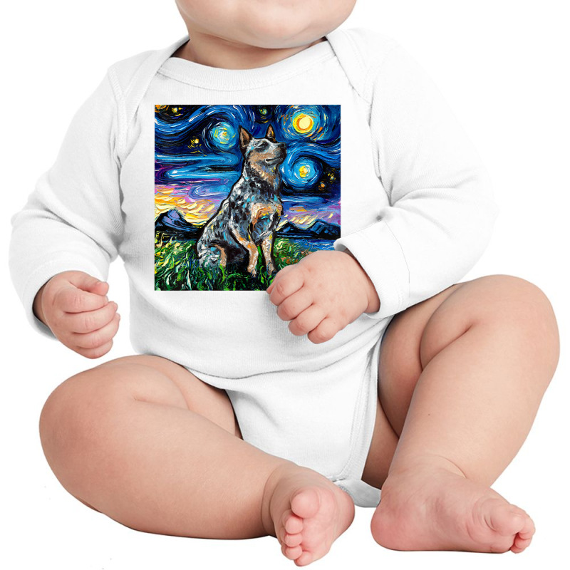 Blue Heeler Starry Night Australian Cattle Dog Art By Aja Long Sleeve Baby Bodysuit by vucongha | Artistshot