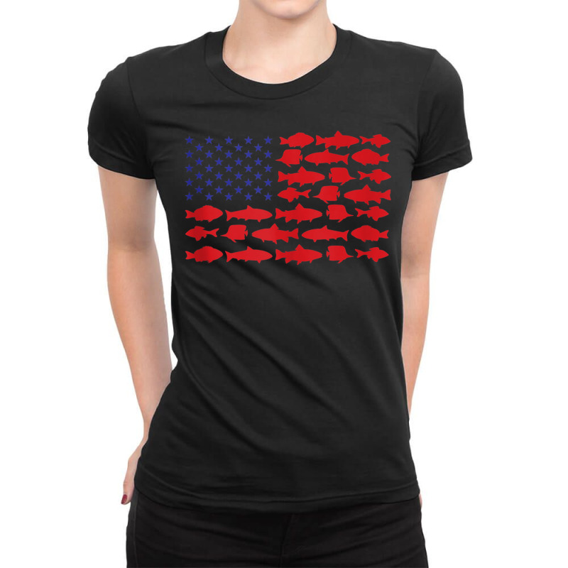 Saltwater Fish Deep Sea Fishing Gear Products American Flag Tank Top Ladies Fitted T-Shirt by cm-arts | Artistshot