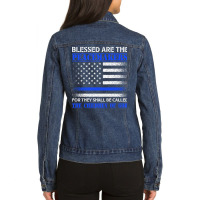 Blessed Are The Peacemakers   Blue Line Police Bible Verse Pullover Ho Ladies Denim Jacket | Artistshot