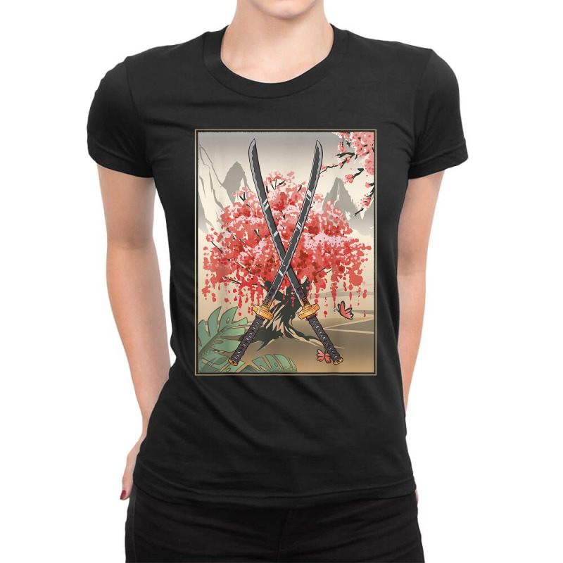 Ancient Japanese Culture Sakura Cherry Blossom Katana Sword T Shirt Ladies Fitted T-Shirt by cm-arts | Artistshot