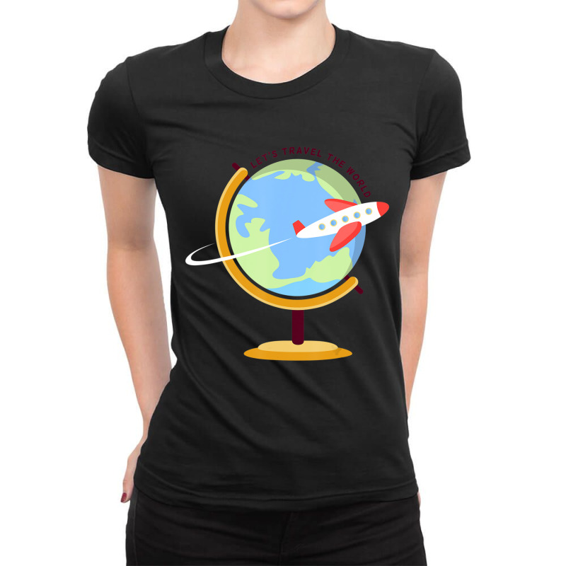 Let's Travel The World Airplane Globe Ladies Fitted T-Shirt by Mello Greenwood | Artistshot