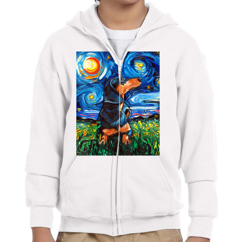 Black And Tan Dachshund Doxie Starry Night Dog Art By Aja Youth Zipper Hoodie by vucongha | Artistshot