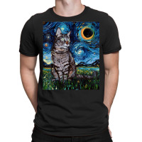 Gray Tabby Tiger Cat Starry Night Moon And Stars Art By Aja T-shirt | Artistshot