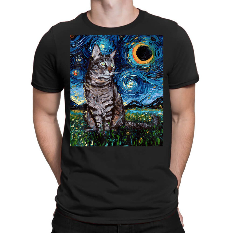 Gray Tabby Tiger Cat Starry Night Moon And Stars Art By Aja T-Shirt by vucongha | Artistshot