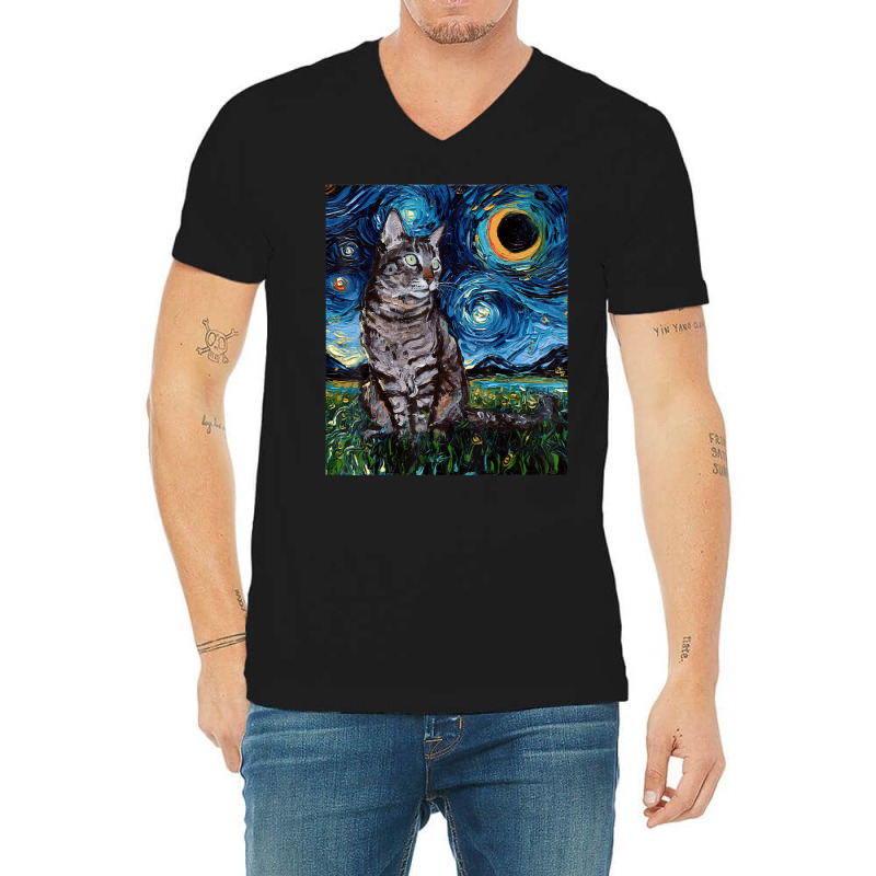 Gray Tabby Tiger Cat Starry Night Moon And Stars Art By Aja V-Neck Tee by vucongha | Artistshot