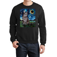 Gray Tabby Tiger Cat Starry Night Moon And Stars Art By Aja Crewneck Sweatshirt | Artistshot