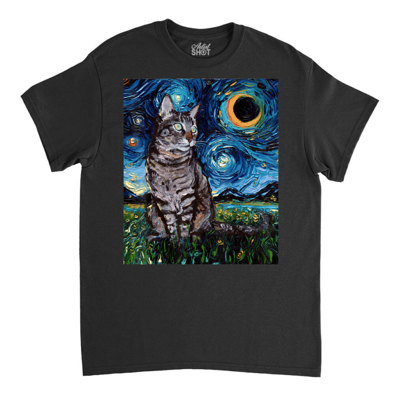 Gray Tabby Tiger Cat Starry Night Moon And Stars Art By Aja Classic T-shirt by vucongha | Artistshot