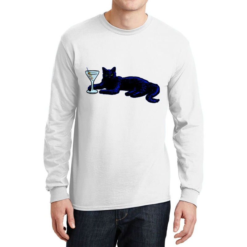 Classy Black Kitty Chillin With Martini - Party Time Feline Long Sleeve Shirts | Artistshot