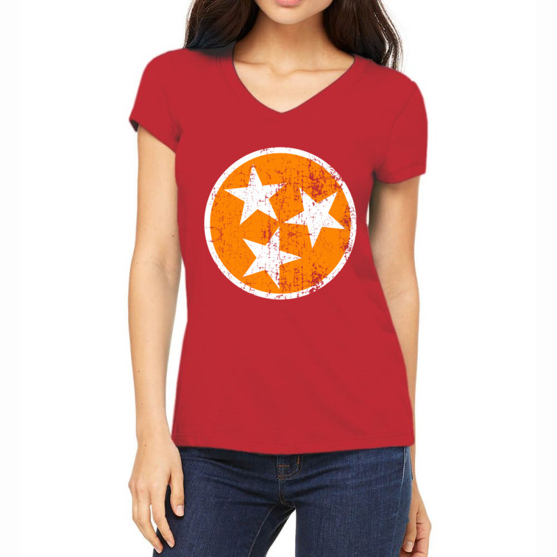 Distressed 3 Star Tn State Orange And White Tennessee Flag Long Sleeve Women's V-Neck T-Shirt by cm-arts | Artistshot