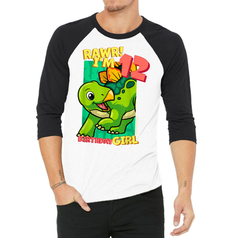 Rawr! I'm 12 Birthday Girls 12th Birthday Dino Stegosaurus T Shirt 3/4 Sleeve Shirt | Artistshot