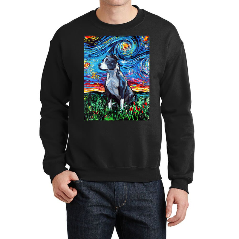 Pitbull Full Version Starry Night Dog Art By Aja Crewneck Sweatshirt | Artistshot