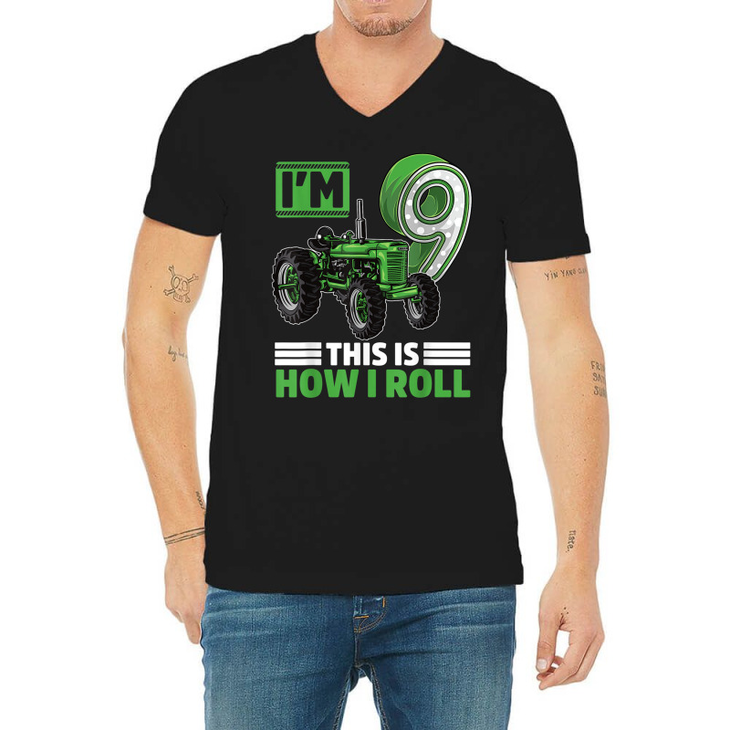 Green Farm Tractor 9th Birthday Party 9 Year Old Farmer T Shirt V-neck Tee | Artistshot