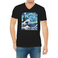 The Starry Night And The Great Wave Off Kanagawa Combined V-neck Tee | Artistshot