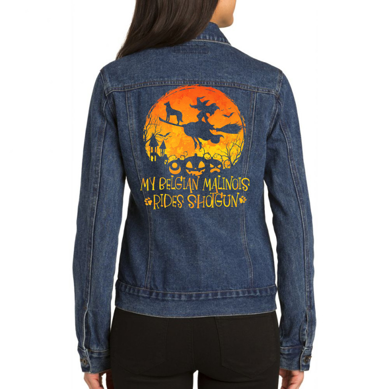 Halloween Belgian Malinois Rides Shotgun Funny Dog Lover Premium T Shi Ladies Denim Jacket by cm-arts | Artistshot